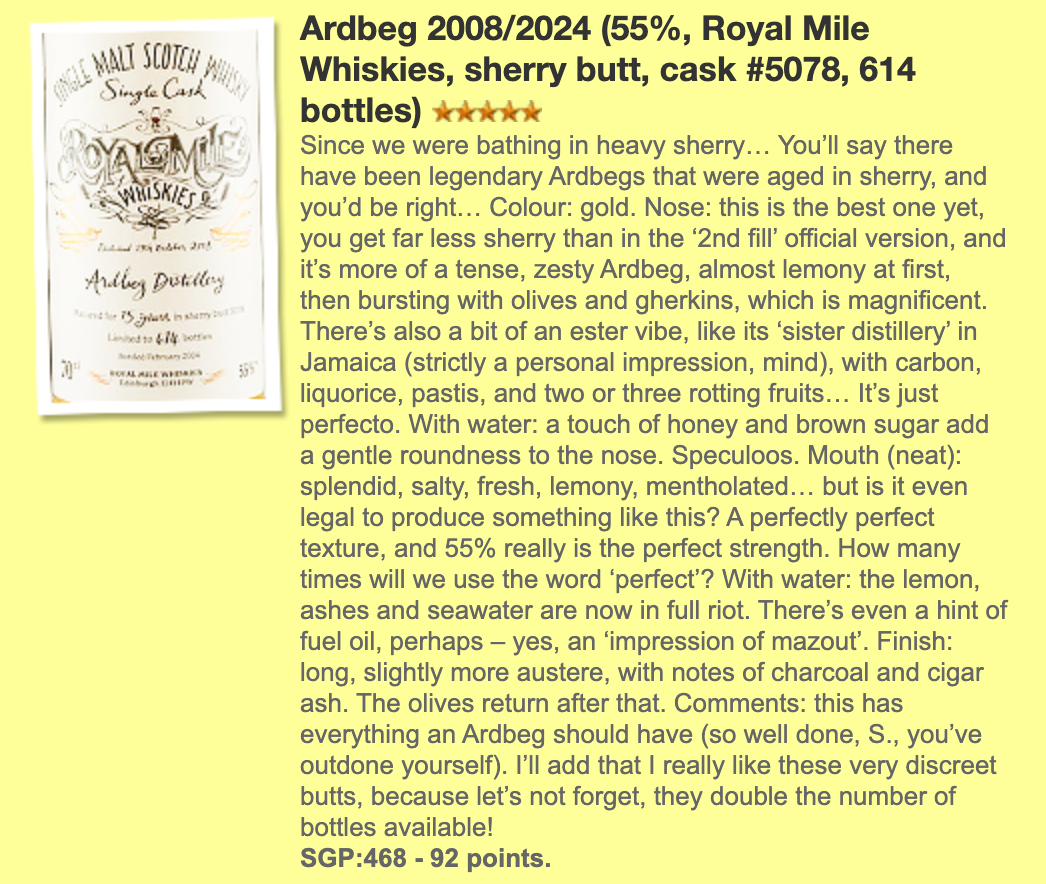 Royal Mile Whiskies Ardbeg 15년 2008/2024, #5078, Sherry Butt, 55% (WF92) (현금/신용카드 가격)