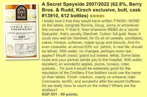 BBR Secret Speyside - ~14YO, 2007/2022, #13910, 62.8% (WF89, WN88) - Scotch Whisky