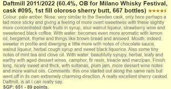 Daftmill - 10YO, 2011/2022, #095/2011, 1st Fill Oloroso Sherry Butt, 60.4% (WF89) (分現金/信用卡價) - Scotch Whisky
