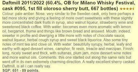 Daftmill - 10YO, 2011/2022, #095/2011, 1st Fill Oloroso Sherry Butt, 60.4% (WF89) (分現金/信用卡價) - Scotch Whisky