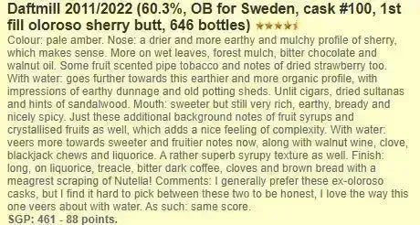 Daftmill - 10YO, 2011/2022, #100/2011, 1st Fill Oloroso Sherry Butt, 60.3% (WF88) (分現金/信用卡價) - Scotch Whisky