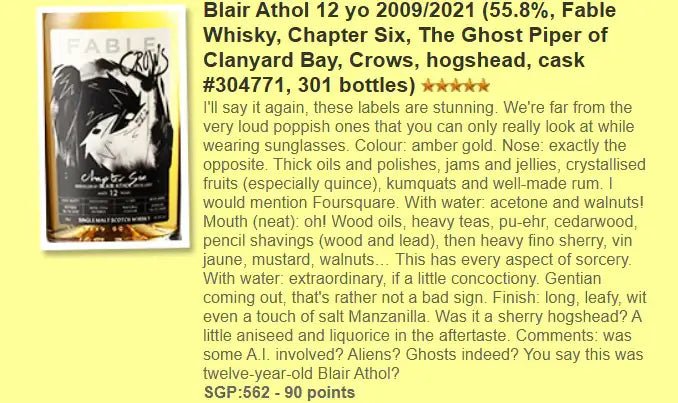 Fable Whisky Blair Athol - 12YO 2009/2021, #304771, Chapter Six, 55.8% (WF90) - Scotch Whisky