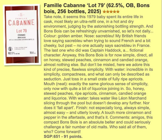 Famille Cabanne Lot79 1979, Bon Bois, 62.5% (WF91) - Cognac