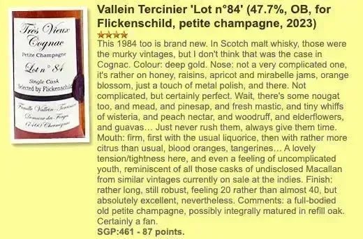 Famille Vallein Tercinier - ~39YO, Lot 84, 47.7% (WF87) (分現金/信用卡價) - Cognac
