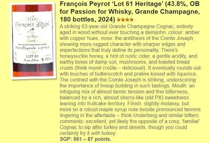 Francois Peyrot - 63YO, 1961/2024, Heritage, Lot 61, Très Vieux Cognac Grande Champagne, 43.8% (WF87) (分現金/信用卡價) - Cognac