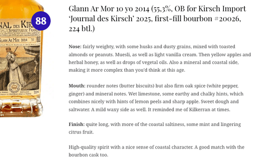Glann Ar Mor 10YO, 2014/2025, Journal des Kirsch 13, 20026, 55.3% (WF88, WN88) - Other Whiskies