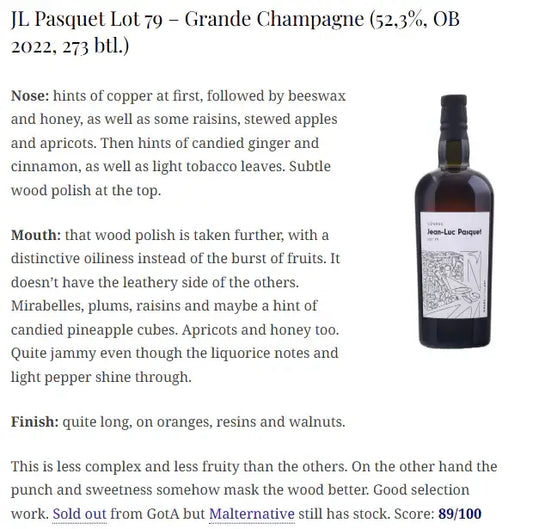 Jean-Luc Pasquet - 41YO, 2022, Lot79, 52.3% (WN89) (分現金/信用卡價) - Cognac