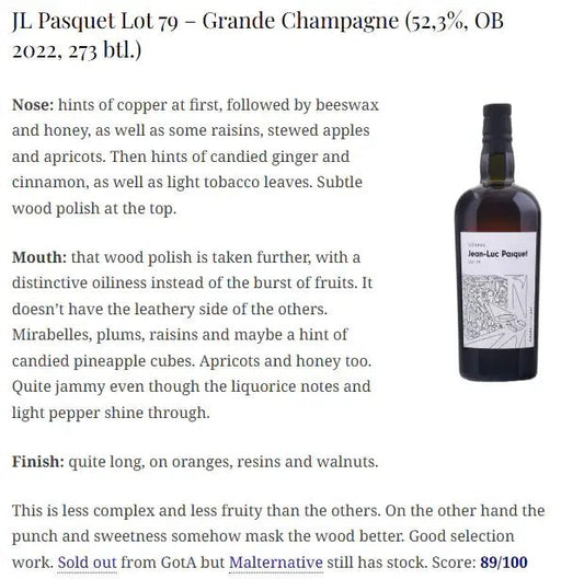 Jean-Luc Pasquet - 41YO, 2022, Lot79, 52.3% (WN89) (分現金/信用卡價) - Cognac