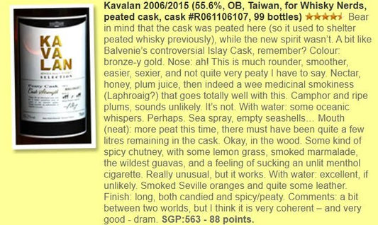 Kavalan - ~9YO, 2006/2015, #R061106107, Peaty Cask, 53.2% (WF88) (分現金/信用卡價) - Taiwanese Whisky