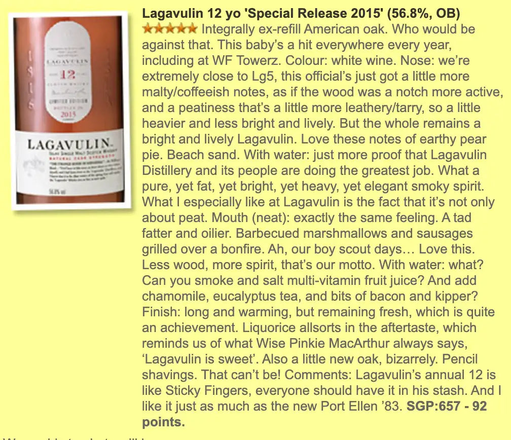 Lagavulin - 12YO, Diageo Special Releases 2015, 56.8% (WF92) (分現金/信用卡價) - Scotch Whisky