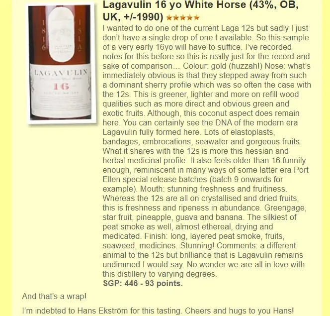 Lagavulin - 16YO, 1990s, 白馬金字, 43% (WF93) (分現金/信用卡價) - Scotch Whisky