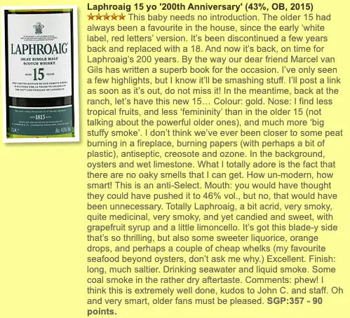 Laphroaig - 15YO, 200 Years of Laphroaig, 43% (WF90) (分現金/信用卡價) - Scotch Whisky