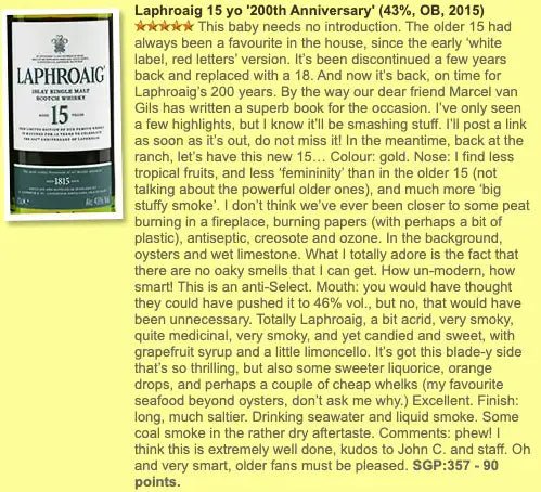 Laphroaig - 15YO, 200 Years of Laphroaig, 43% (WF90) (分現金/信用卡價) - Scotch Whisky