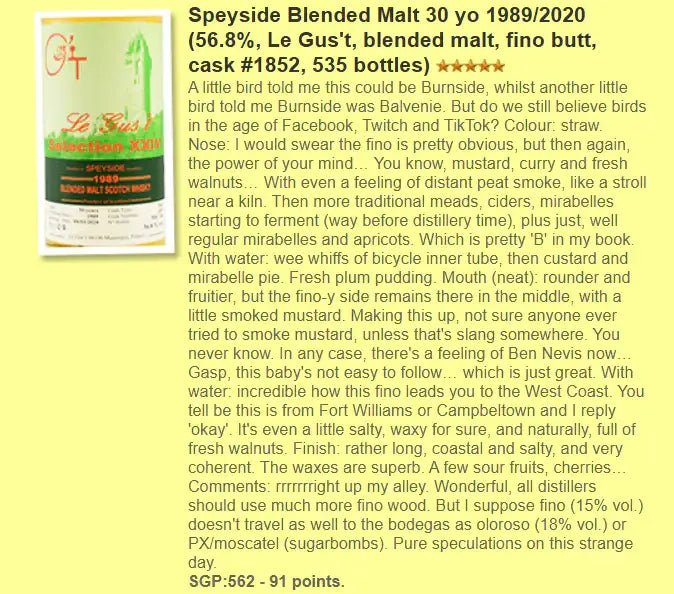 Le Gus't Blended Malt (Burnside)- 30YO, 1989/2020, #1852, Selection XXIV, Fino Butt, 56.8% (WF91) (分現金/信用卡價) - Scotch Whisky