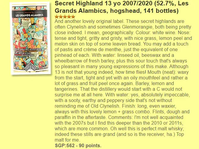 Les Grands Alambics A Secret Highland Distillery (Clynelish)- 13YO, 2007/2020, Birds Serie, 52.7% (WF90) - Scotch Whisky