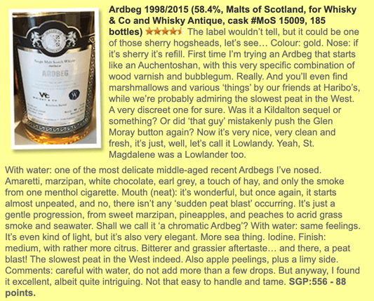 Malts of Scotland Ardbeg, 1998/2015, #MoS 15009, for Whisky & Co / Whisky Antique, 58.4% (WF88) (分現金/信用卡價) - 蘇格蘭威士忌