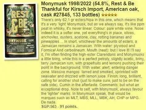 Rest & Be Thankful Monymusk- 23YO, 1998/2022, 54.8% (WF91) - Rum