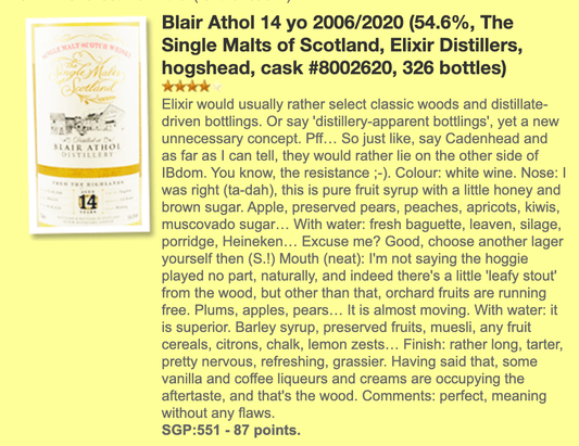SMOS Blair Athol 14 Years Old 2006/2020, 8002620, 54.6% (WF87) - 蘇格蘭威士忌