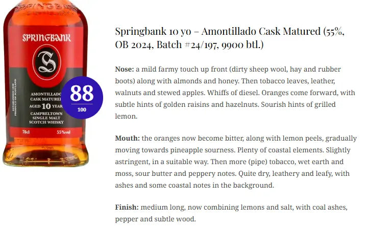 Springbank - 10YO, 2014/2024, Amontillado Cask, 55% (WN88) (分現金/信用卡價) - Scotch Whisky