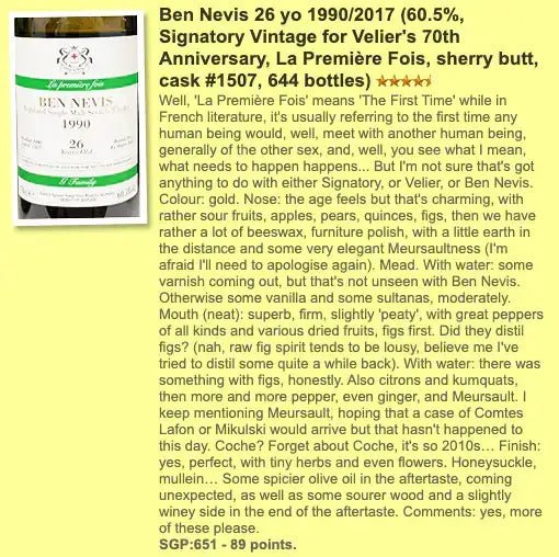SV Ben Nevis - 26YO, 1990/2017, Velier 70th Anniversary, #1507, 60.5% (WF89) (分現金/信用卡價) - Scotch Whisky