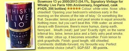SV Bowmore - 13YO, 2000/2013, #1429, Whisky Live 10th Edition, 54.1% (WF90) (分現金/信用卡價) - Scotch Whisky