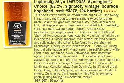 SV Laphroaig - 25YO, 1997/2023, #3372, Bourbon Hogshead, Symington's Choice, 52.2% (WF90) (分現金/信用卡價) - Scotch Whisky