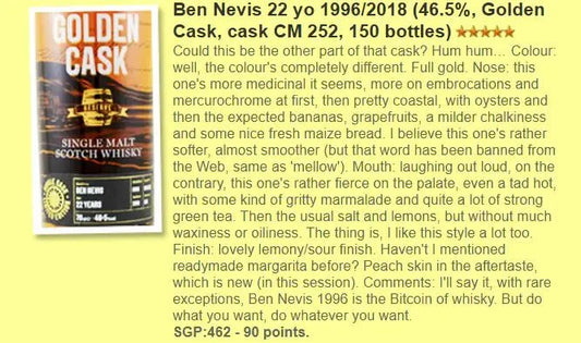 The House of MacDuff Ben Nevis - 22YO, 1996/2018, #CM252, The Golden Cask, 46.5% (WF90) (分現金/信用卡價) - Scotch Whisky