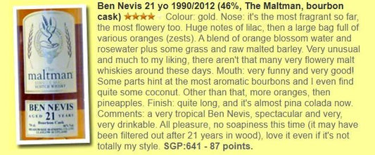 The Maltman Ben Nevis - 21YO, 1990/2012, #24, 46% (WF87) (分現金/信用卡價) - Scotch Whisky