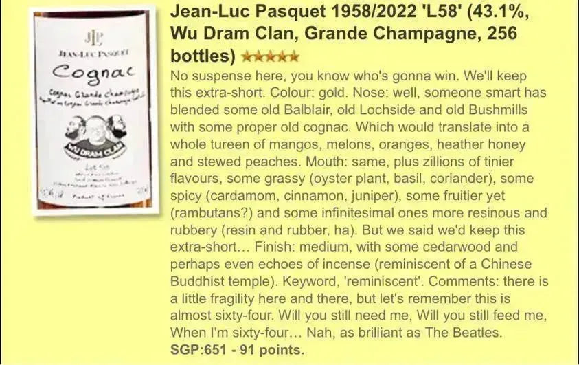Wu Dram Clan Jean-Luc Pasquet - ~64YO, Lot 58, 43.1% (WF91) - Cognac