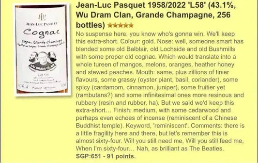 Wu Dram Clan Jean-Luc Pasquet - ~64YO, Lot 58, 43.1% (WF91) - Cognac
