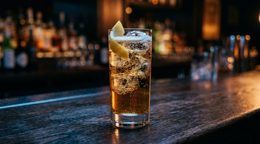 威士忌 Highball 示意圖，高身玻璃杯盛載琥珀色酒液、氣泡與冰塊，檸檬皮裝飾