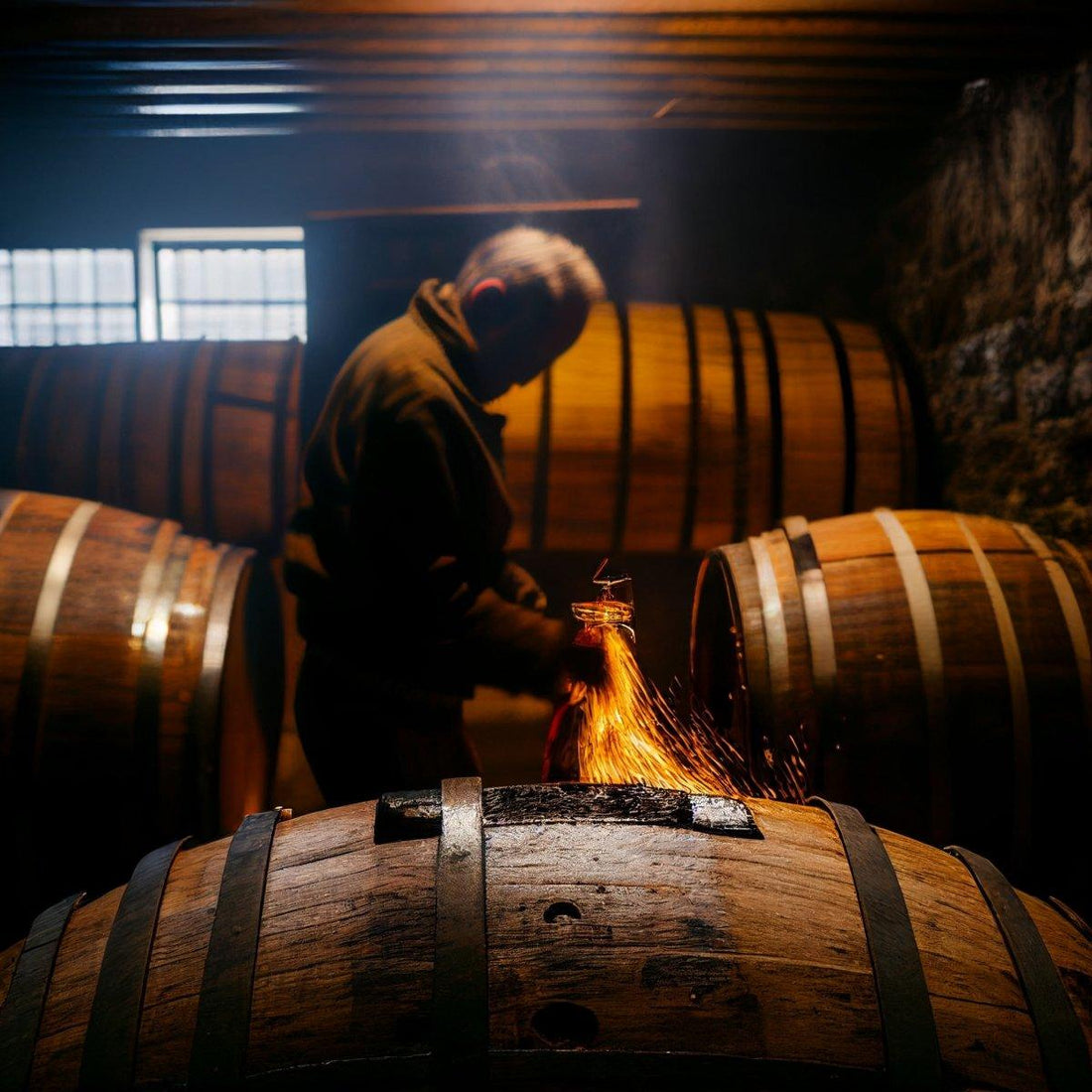 An oak barrel filled with aging whisky, showcasing the relationship between oak and the development of flavor and aroma in the whisky.