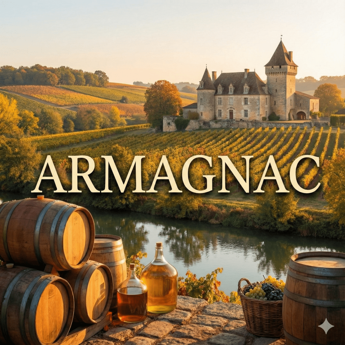 Alcohol Please 香港精選雅馬邑白蘭地 (Armagnac) 系列封面，背景為法國加斯科涅 (Gascony) 的古老酒莊與秋季葡萄園，前景展示陳年橡木桶與裝盛原酒的玻璃酒壇 (Demijohns)，象徵年份雅馬邑 (Vintage Armagnac) 的傳統工藝。