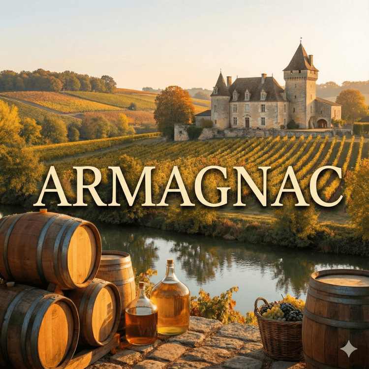 Alcohol Please 香港精選雅馬邑白蘭地 (Armagnac) 系列封面，背景為法國加斯科涅 (Gascony) 的古老酒莊與秋季葡萄園，前景展示陳年橡木桶與裝盛原酒的玻璃酒壇 (Demijohns)，象徵年份雅馬邑 (Vintage Armagnac) 的傳統工藝。