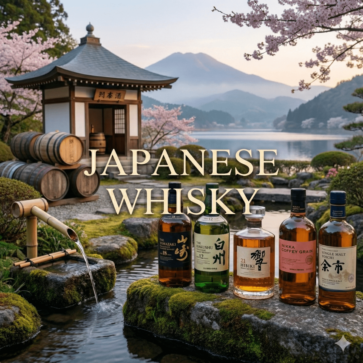 Alcohol Please 香港精選日本威士忌 (Japanese Whisky) 系列封面，背景為富士山與櫻花盛開的日式庭園，展示珍稀日本威士忌的酒款。