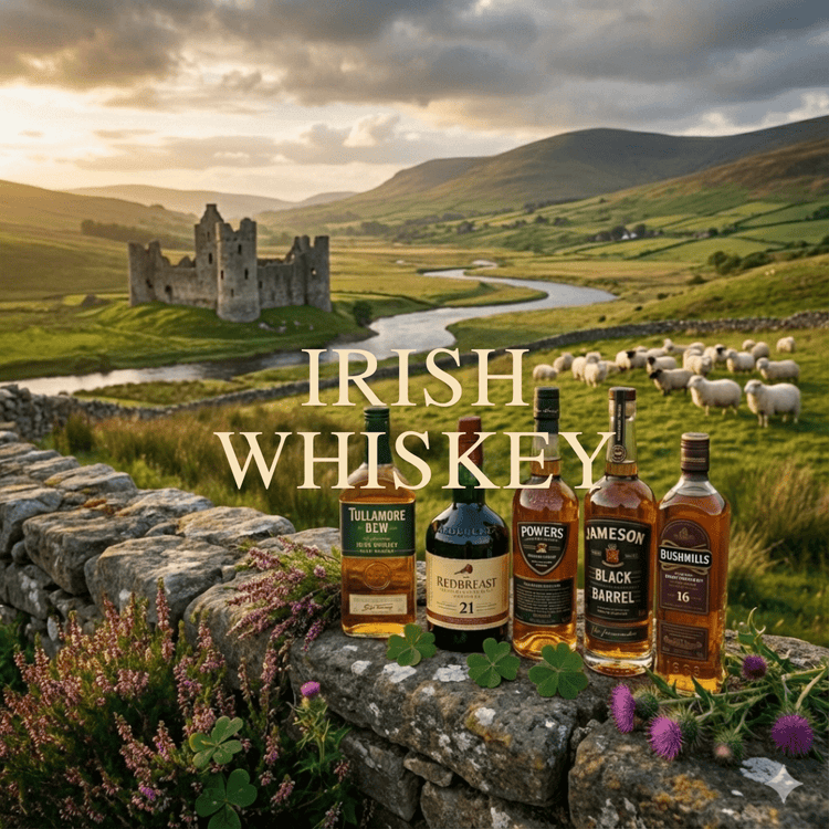 Alcohol Please 香港精選愛爾蘭威士忌 (Irish Whiskey) 系列封面，背景呈現愛爾蘭綠色山丘、古堡遺跡與綿羊群，前景石牆上展示 Jameson Black Barrel、Redbreast 21、Bushmills 16 與 Tullamore D.E.W. 等經典酒款。