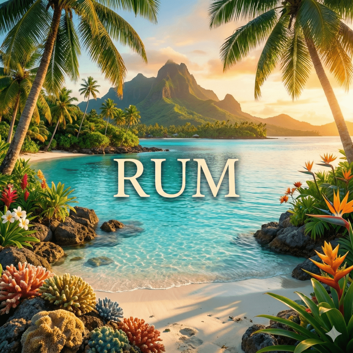 Alcohol Please 香港精選蘭姆酒 (Rum) 系列封面，背景為充滿熱帶風情的加勒比海海灘、棕櫚樹與夕陽，象徵黑蘭姆酒 (Dark Rum)、白蘭姆酒 (White Rum) 與香料蘭姆酒 (Spiced Rum) 的熱情風味。