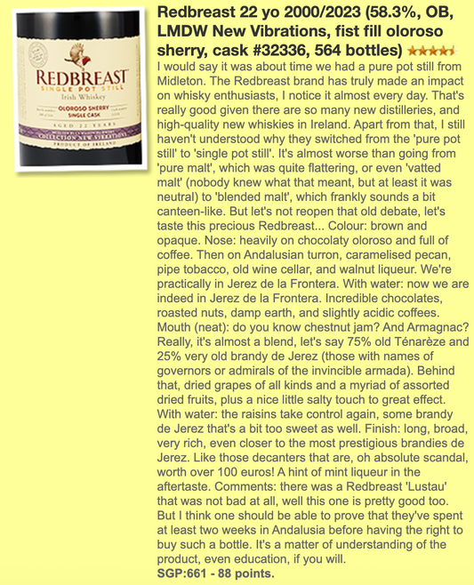 Redbreast 22YO, 2000/2023, #32336, Collection New Vibrations, 58.3% (WF88) (分現金/信用卡價)