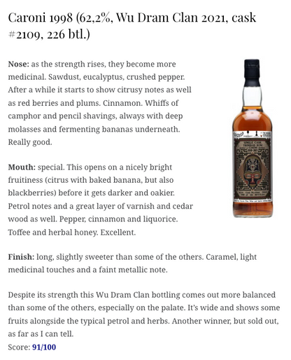 Wu Dram Clan Caroni - set of 2, with Shinanya (1997 #59 60.6% & 1998 #2109 62.2%) , whiskynotes2