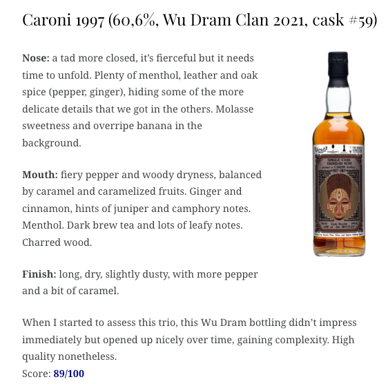 Wu Dram Clan Caroni - set of 2, with Shinanya (1997 #59 60.6% & 1998 #2109 62.2%) , whiskynotes
