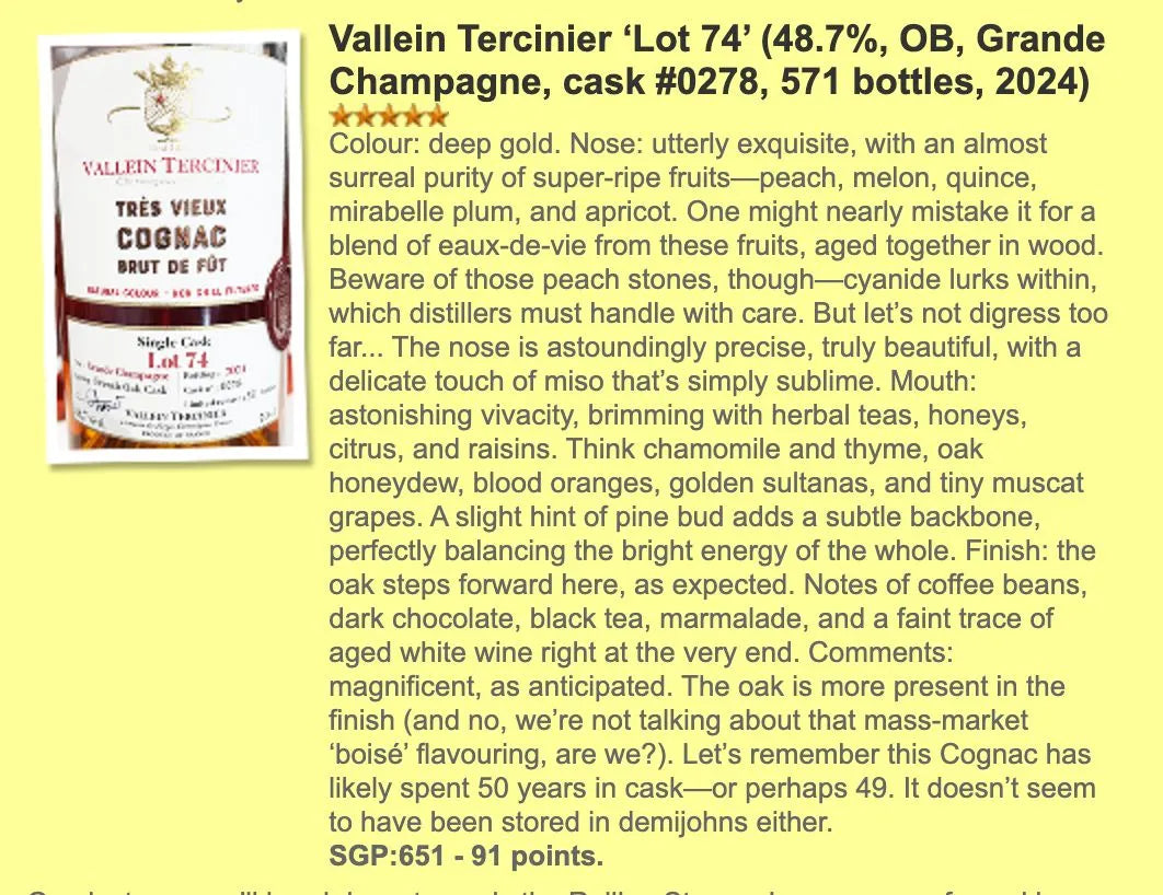 Vallein Tercinier - ~50YO, Cognac, Lot 74, #0278, 48.7% (WF91) (分現金/信用卡價)