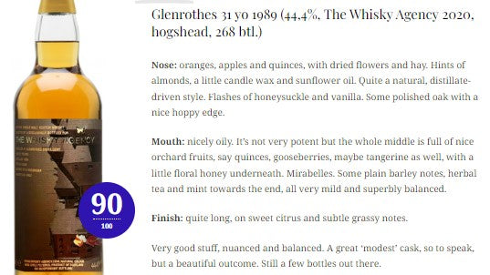 The Whisky Agency Glenrothes - 31YO, 1989/2020,44.4%-Whisky,  3