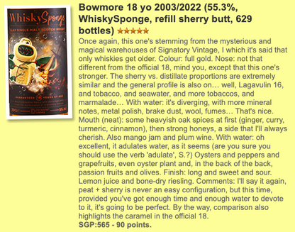 Whisky Sponge Bowmore - 18YO, 2003, Refill Sherry Butt, 55.3%, whiskyfun
