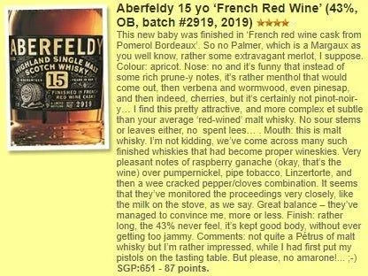 Aberfeldy - 15YO, Pomerol Red Wine Casks, Batch 2919, 43% (WF87) - Scotch Whisky