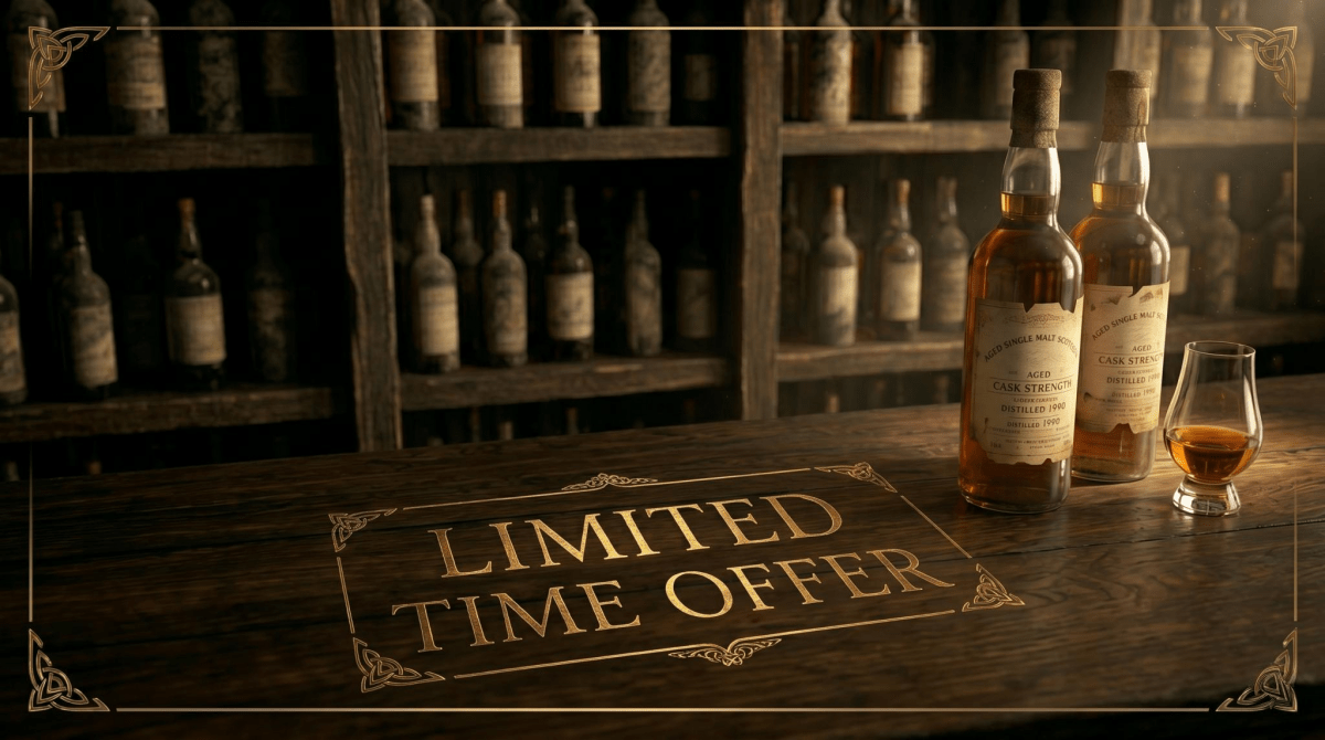 Alcohol Please whisky boutique limited time offer. Aged whisky bottles on an oak bar counter with a golden LIMITED TIME OFFER engraving.