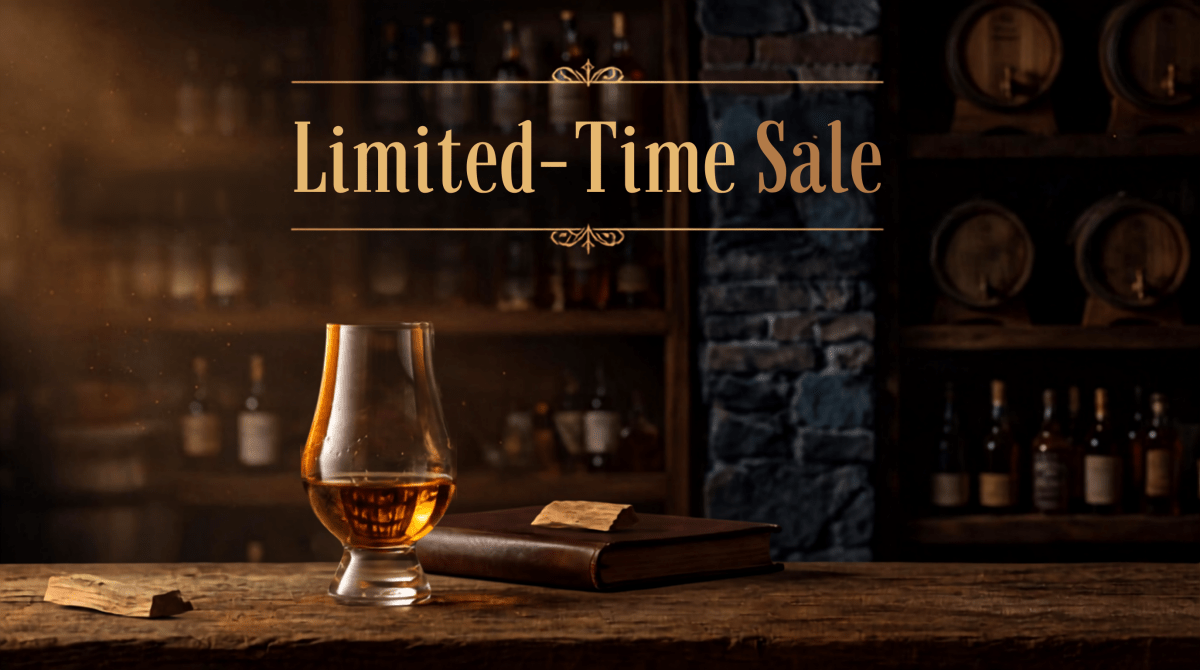 ウイスキー期間限定セール（Limited-Time Sale）：バーカウンターに置かれたグラスと樽