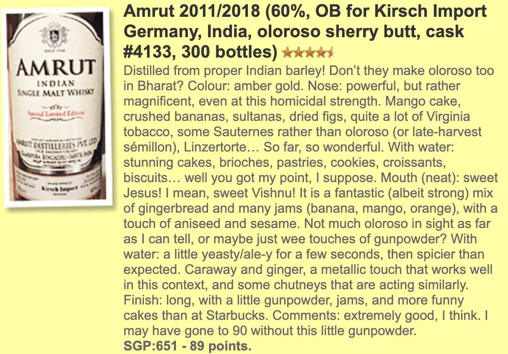 Amrut - 2011/2018, #4133, 60% (WF89) - Indian Whisky