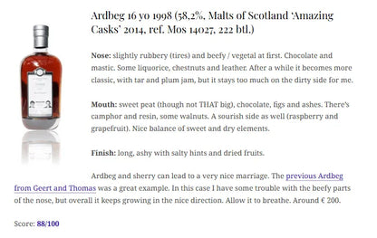 Ardbeg - ~16YO, 1998/2014, #MoS 14027, Sherry Hogshead, 58.2% (WF92) (分現金/信用卡價) - Scotch Whisky