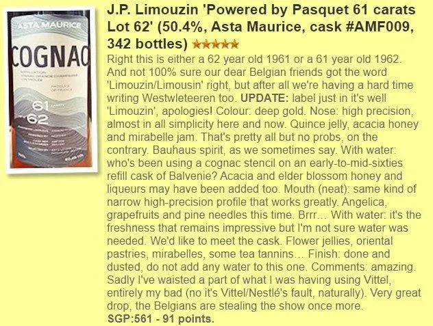 Asta Morris J.P. Limouzin - 61YO, 1962/2023, Grande Champagne, Lot62, #AMF009, 50.4% (WF91) - Cognac