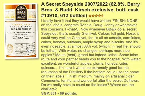 BBR Secret Speyside - ~14YO, 2007/2022, #13910, 62.8% (WF89, WN88) - Scotch Whisky